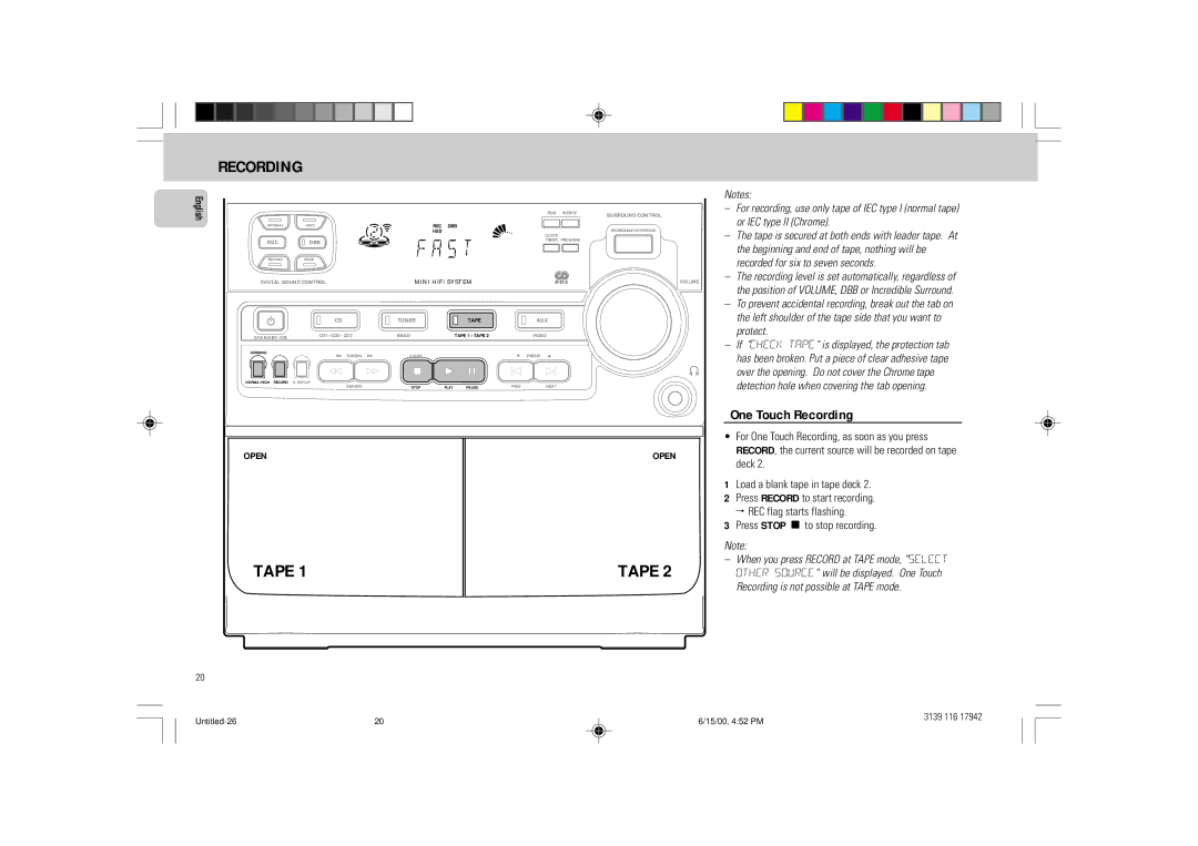 Philips FW 358C manual One Touch Recording, Press Stop Çto stop recording 