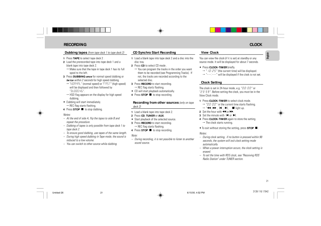 Philips FW 358C manual CD Synchro Start Recording, View Clock, Clock Setting, Recording from other sources only on tape 