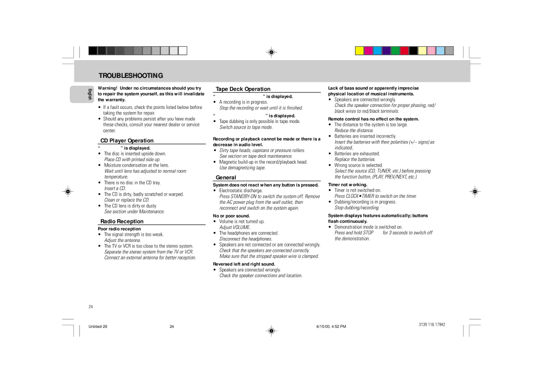 Philips FW 358C manual Troubleshooting, CD Player Operation, Radio Reception, Tape Deck Operation, General 