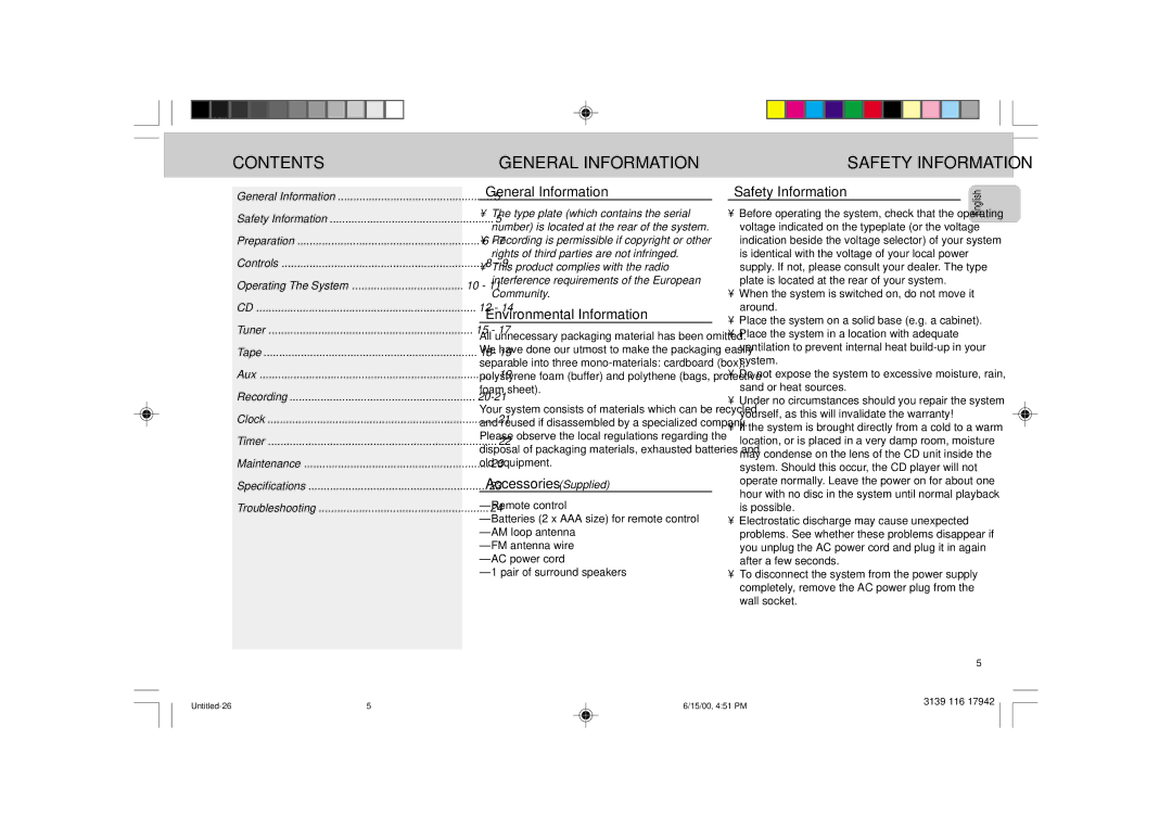 Philips FW 358C manual Contents 