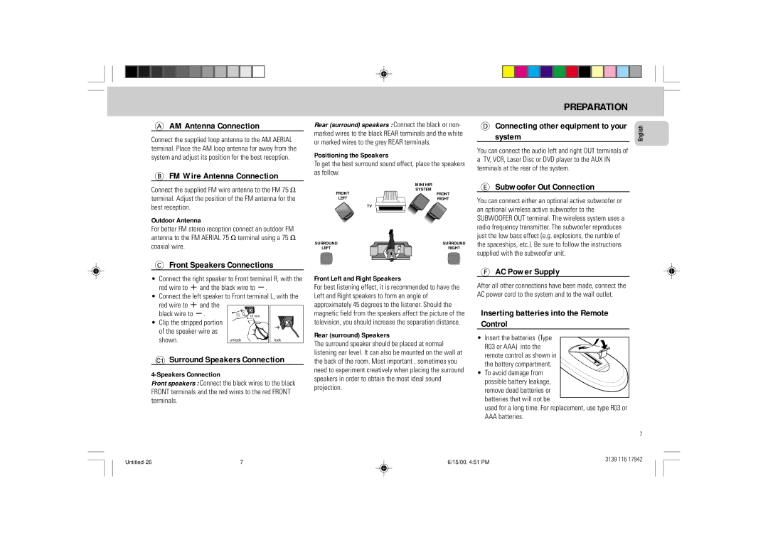 Philips FW 358C manual AM Antenna Connection, FM Wire Antenna Connection, Connecting other equipment to your system 