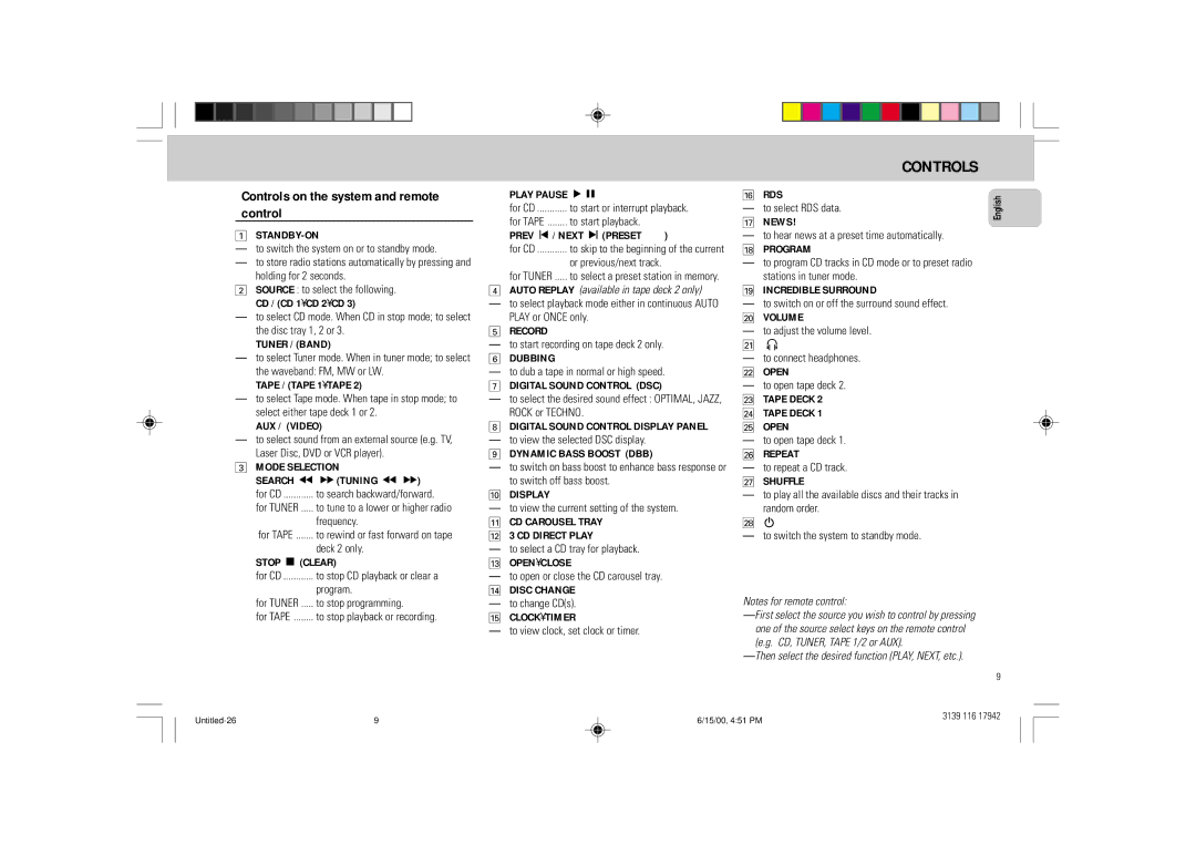 Philips FW 358C manual Controls on the system and remote control, CD / CD 1CD 2CD, Prev í/ Next ëPRESET 3 