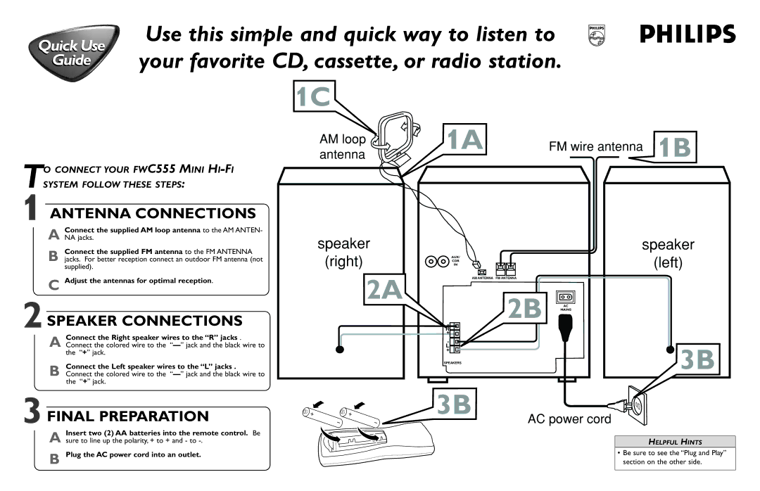 Philips FW-996 manual Antenna Connections, Speaker Connections, Final Preparation 