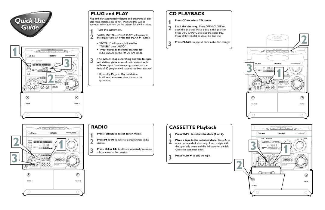 Philips FW-996 manual Plug and Play, CD Playback, Radio, Cassette Playback 