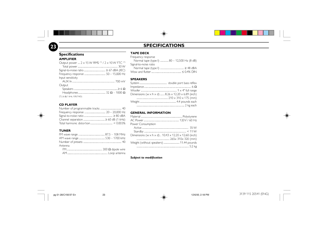 Philips FW-C150 manual Specifications 