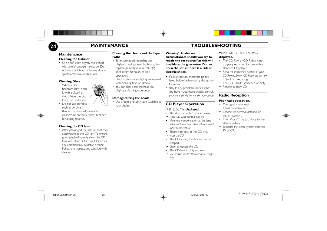 Philips FW-C150 manual Maintenance Troubleshooting, CD Player Operation, Radio Reception 