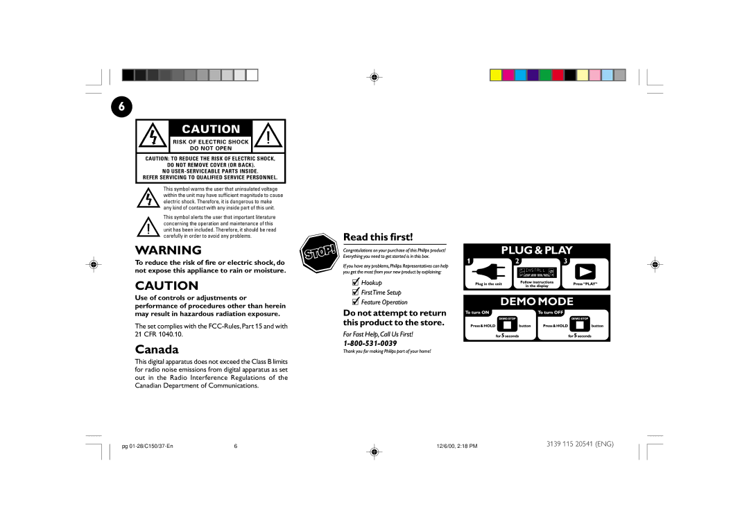 Philips FW-C150 manual Canada, Set complies with the FCC-Rules, Part 15 and with 21 CFR 