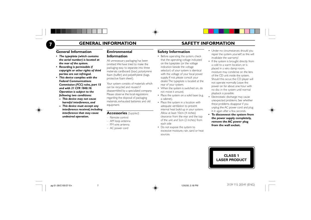 Philips FW-C150 manual General Information Safety Information, Environmental Information, Accessories Supplied 