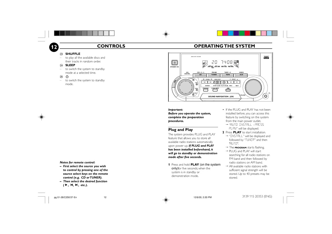 Philips FW-C250 manual 12CONTROLS, Operating the System, Plug and Play 