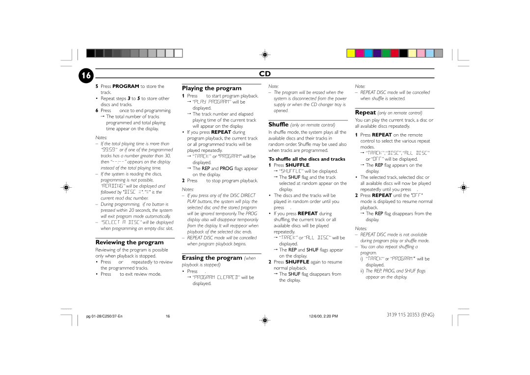 Philips FW-C250 manual Reviewing the program, Playing the program, Erasing the program when 