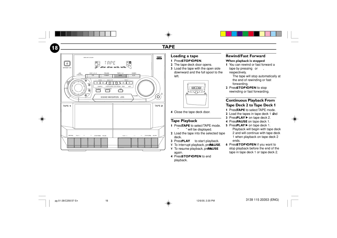 Philips FW-C250 manual Loading a tape Rewind/Fast Forward, Tape Playback, Press Stopopen When playback is stopped 