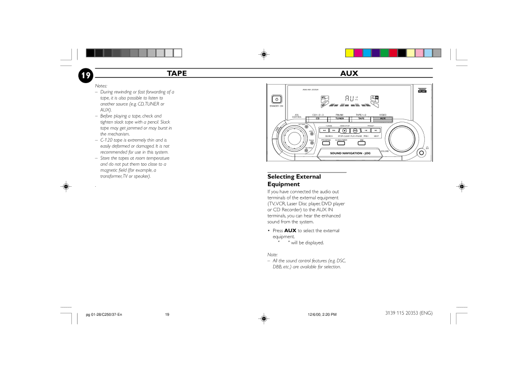 Philips FW-C250 manual 19TAPE, Aux, Selecting External Equipment 