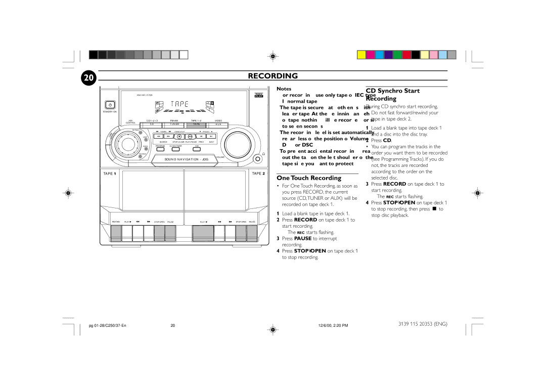 Philips FW-C250 manual One Touch Recording, CD Synchro Start Recording, Stop disc playback 