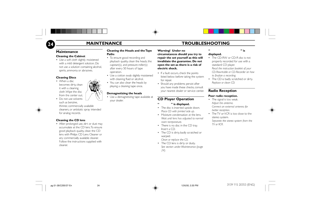 Philips FW-C250 manual Maintenance Troubleshooting, CD Player Operation, Radio Reception 