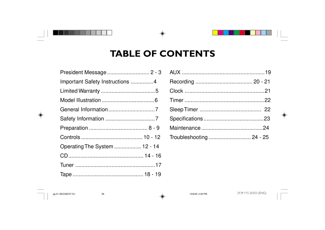 Philips FW-C250 manual Table of Contents 