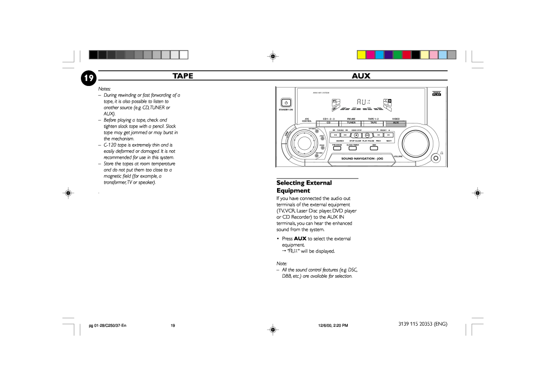 Philips FW-C250 manual 19TAPE, Selecting External Equipment 
