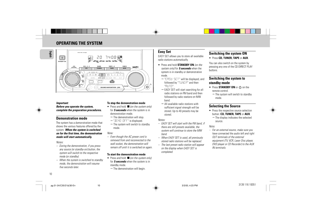 Philips FW-C30/21 manual Operating the System 