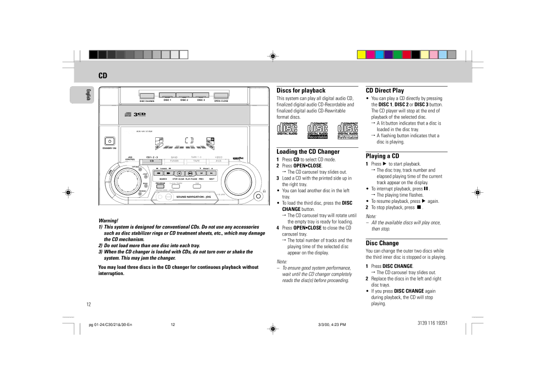 Philips FW-C30/21 manual Discs for playback, Loading the CD Changer, CD Direct Play, Playing a CD, Disc Change 