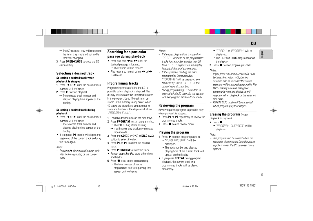 Philips FW-C30/21 manual Selecting a desired track, Programming Tracks, Reviewing the program, Playing the program 