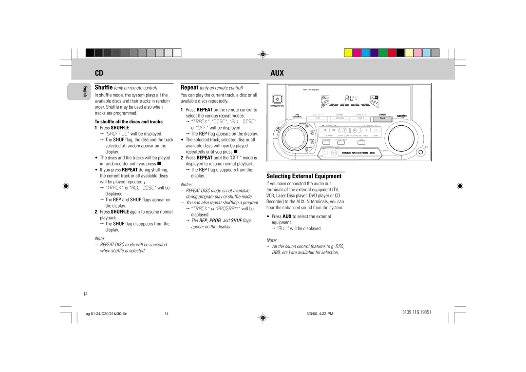 Philips FW-C30/21 manual Aux, Selecting External Equipment, Shuffle only on remote control, Press Shuffle 