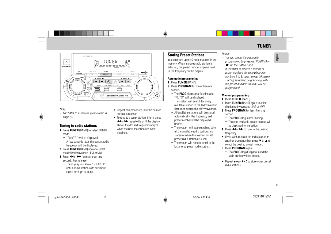 Philips FW-C30/21 manual Tuner, Storing Preset Stations, Tuning to radio stations 