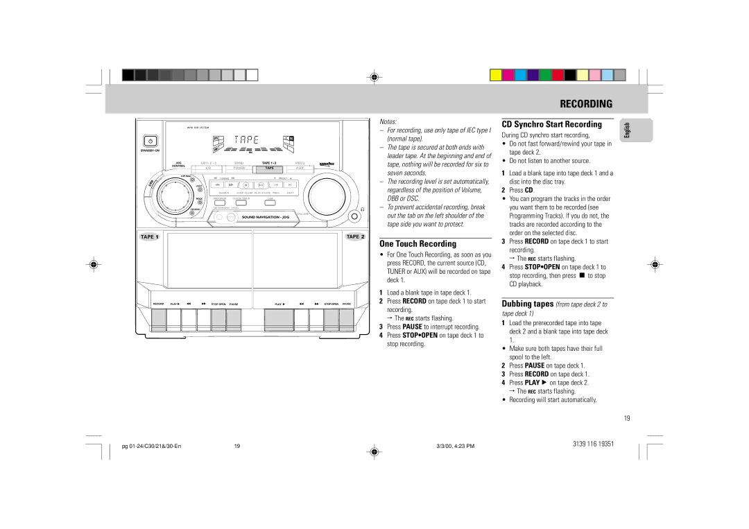 Philips FW-C30/21 One Touch Recording, CD Synchro Start Recording, For recording, use only tape of IEC type I normal tape 