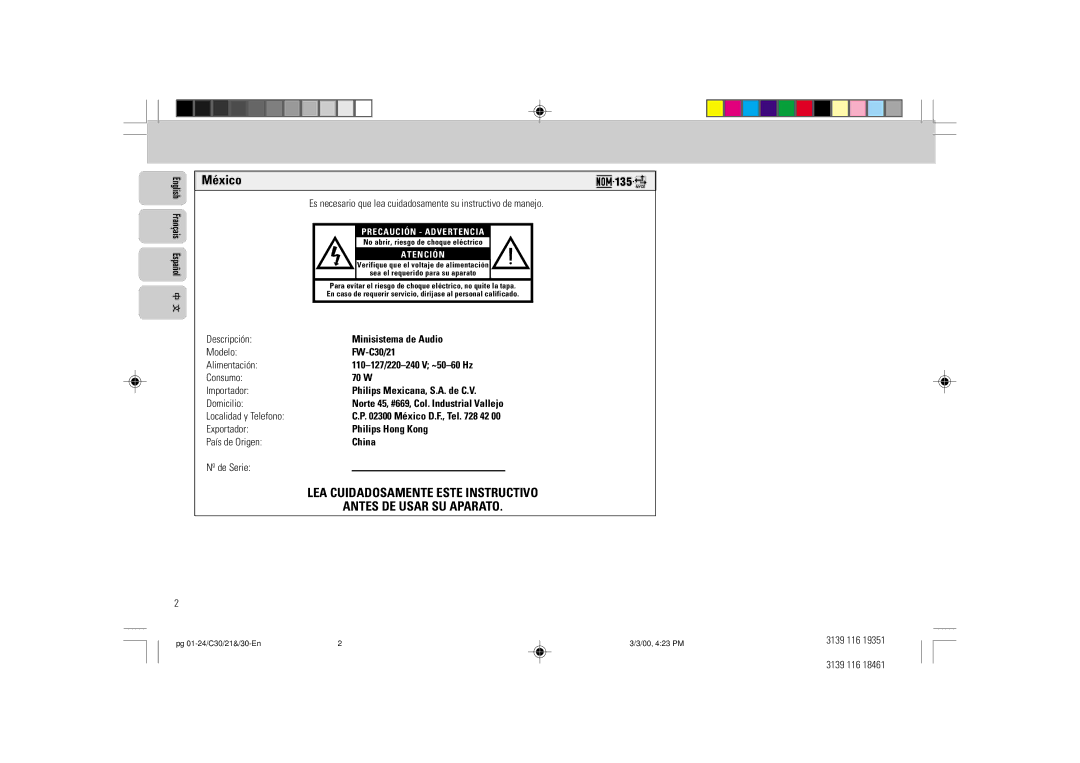 Philips FW-C30/21 manual México, Es necesario que lea cuidadosamente su instructivo de manejo 