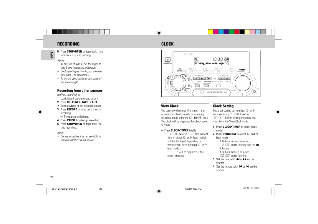 Philips FW-C30/21 manual Recording from other sources, View Clock, Clock Setting 