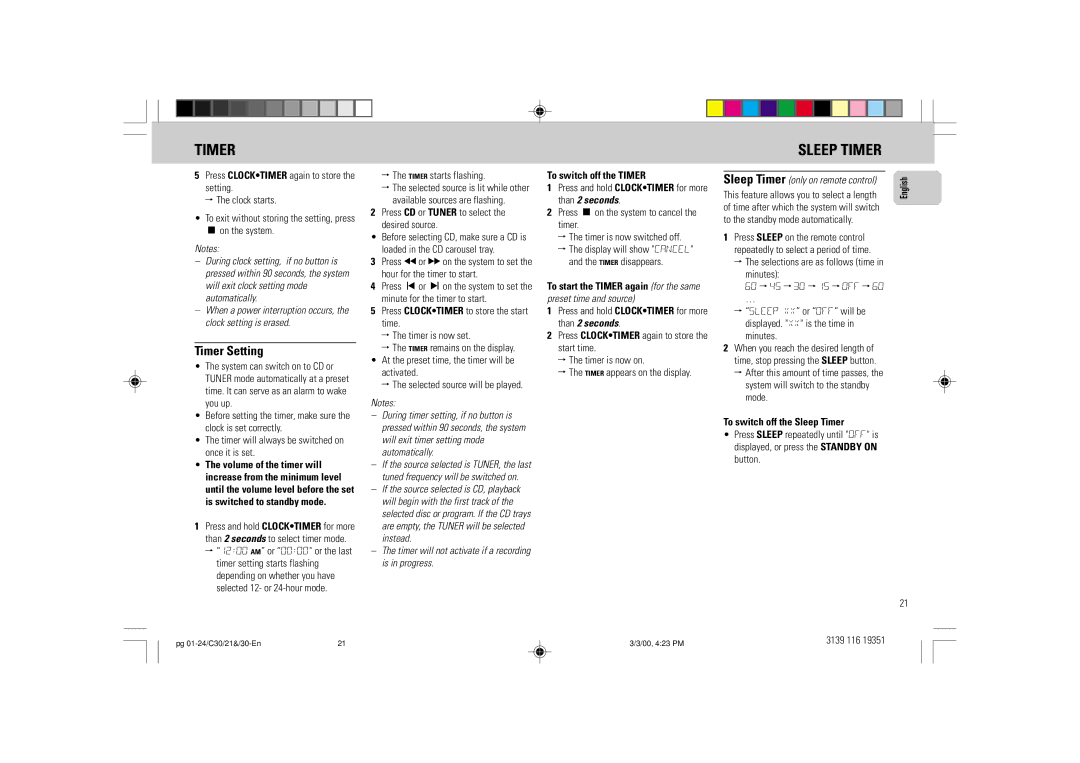 Philips FW-C30/21 manual Timer Sleep Timer, Timer Setting, Timer will not activate if a recording is in progress 