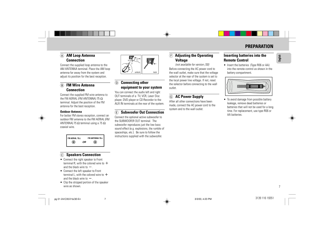 Philips FW-C30/21 AM Loop Antenna Connection, Adjusting the Operating Voltage, Inserting batteries into, Remote Control 