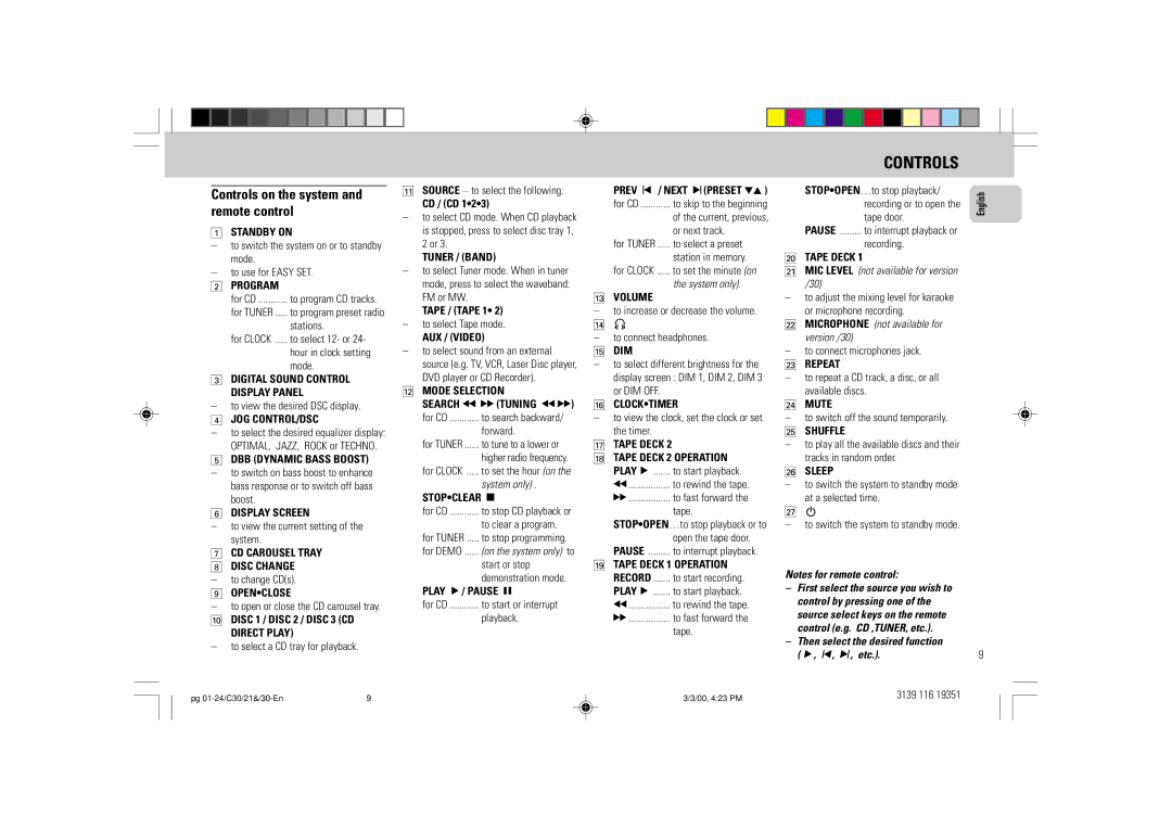 Philips FW-C30/21 manual Controls on the system and remote control 