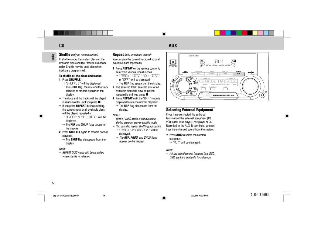 Philips FW-C30/21 manual Selecting External Equipment, Press SHUFFLE, English 