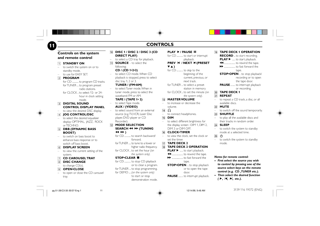 Philips FW-C30, FW-C35 manual Controls on the system and remote control 