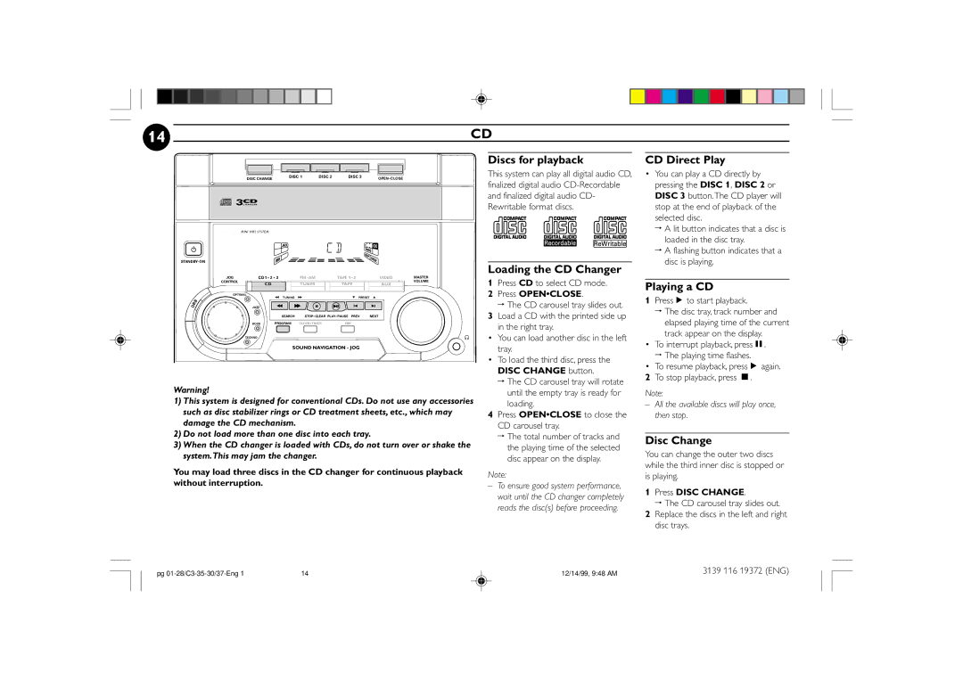 Philips FW-C35, FW-C30 manual Discs for playback, Loading the CD Changer CD Direct Play, Playing a CD, Disc Change 