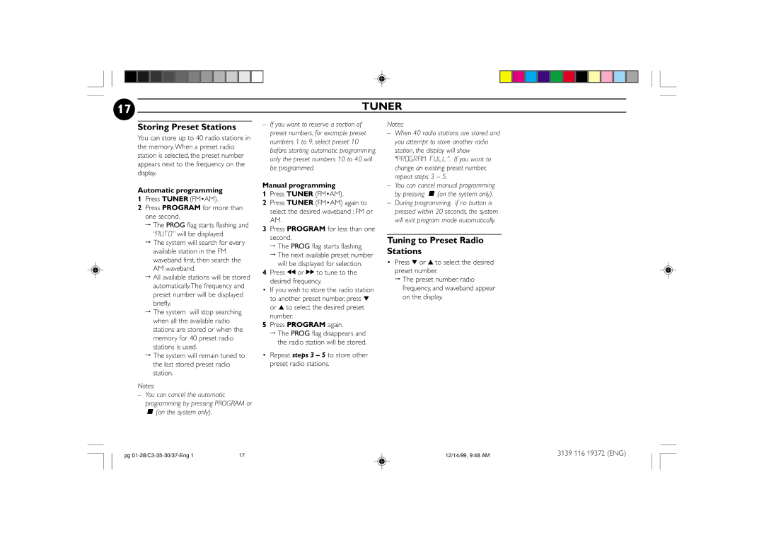 Philips FW-C30, FW-C35 Storing Preset Stations, Tuning to Preset Radio Stations, Automatic programming, Manual programming 