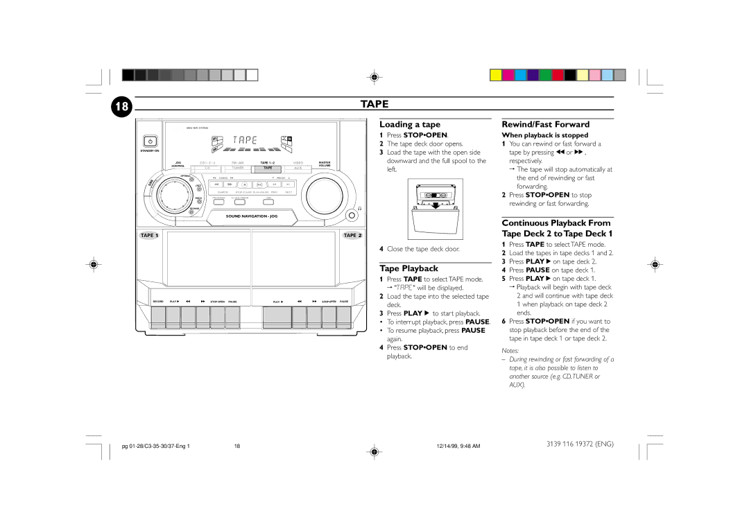 Philips FW-C35, FW-C30 manual Loading a tape Rewind/Fast Forward, Tape Playback 