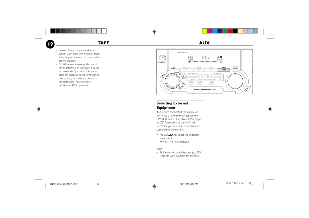 Philips FW-C30, FW-C35 manual 19TAPE, Aux, Selecting External Equipment 