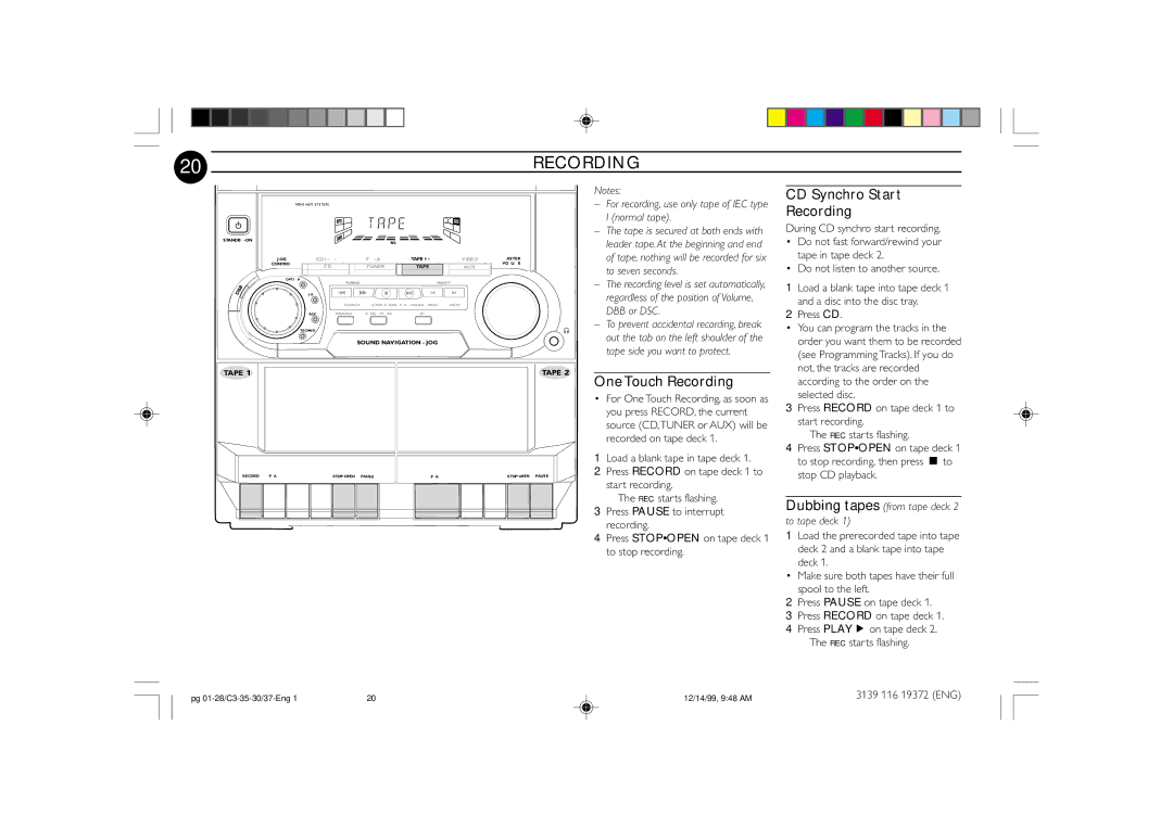 Philips FW-C35 One Touch Recording, CD Synchro Start Recording, For recording, use only tape of IEC type I normal tape 