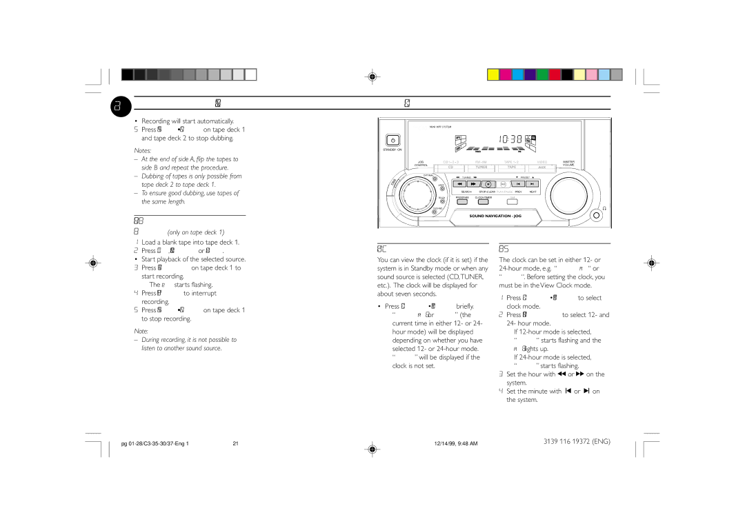 Philips FW-C30, FW-C35 manual 21RECORDING, View Clock, Clock Setting, Press Clocktimer to select clock mode 