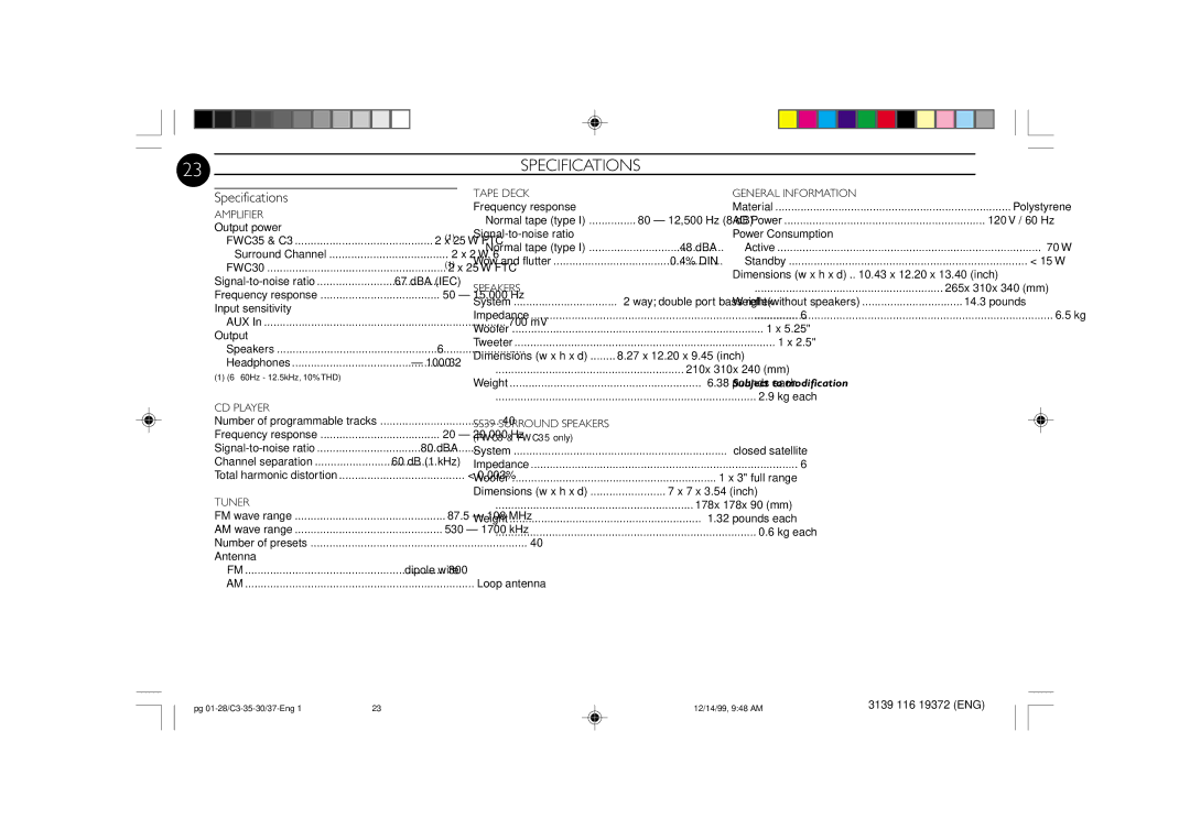 Philips FW-C30, FW-C35 manual Specifications 