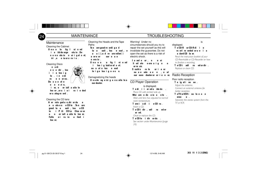 Philips FW-C35, FW-C30 manual Maintenance Troubleshooting, CD Player Operation, Radio Reception 