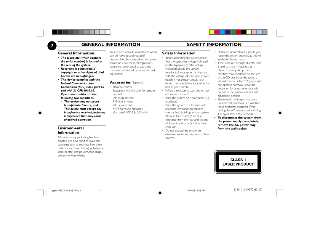 Philips FW-C30, FW-C35 manual General Information Safety Information, Environmental Information, Accessories Supplied 