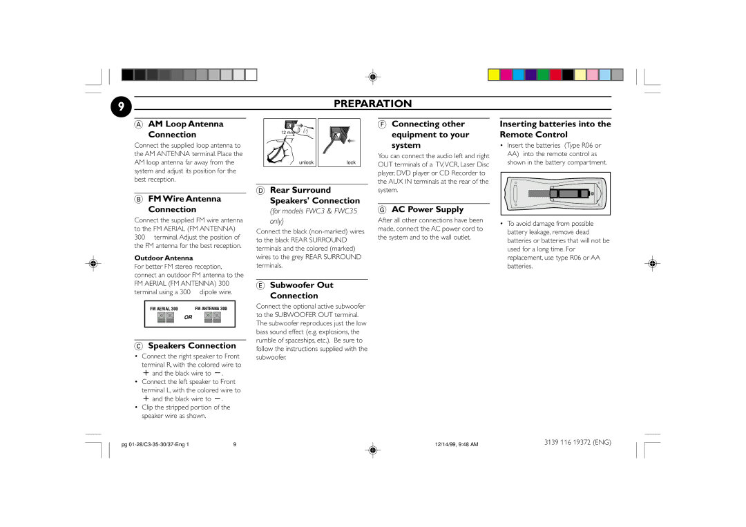 Philips FW-C30 manual AM Loop Antenna Connection, FM Wire Antenna Connection, Speakers Connection, Subwoofer Out Connection 