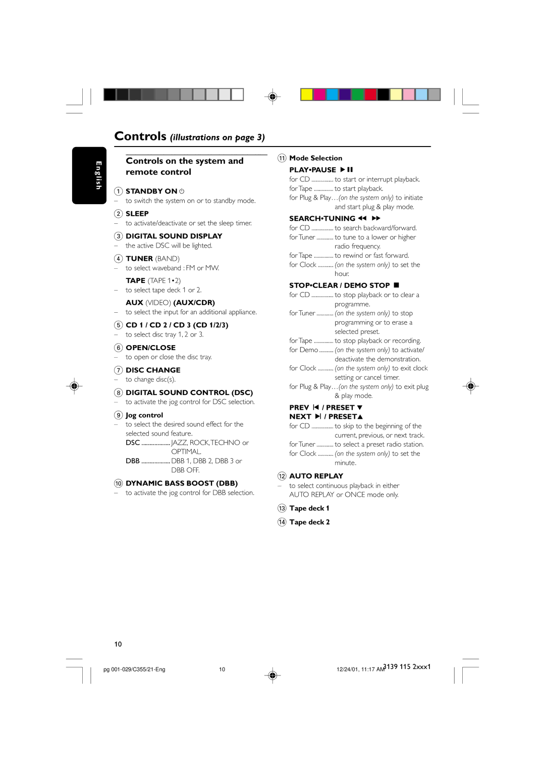 Philips FW-C355 manual Controls on the system, Remote control 