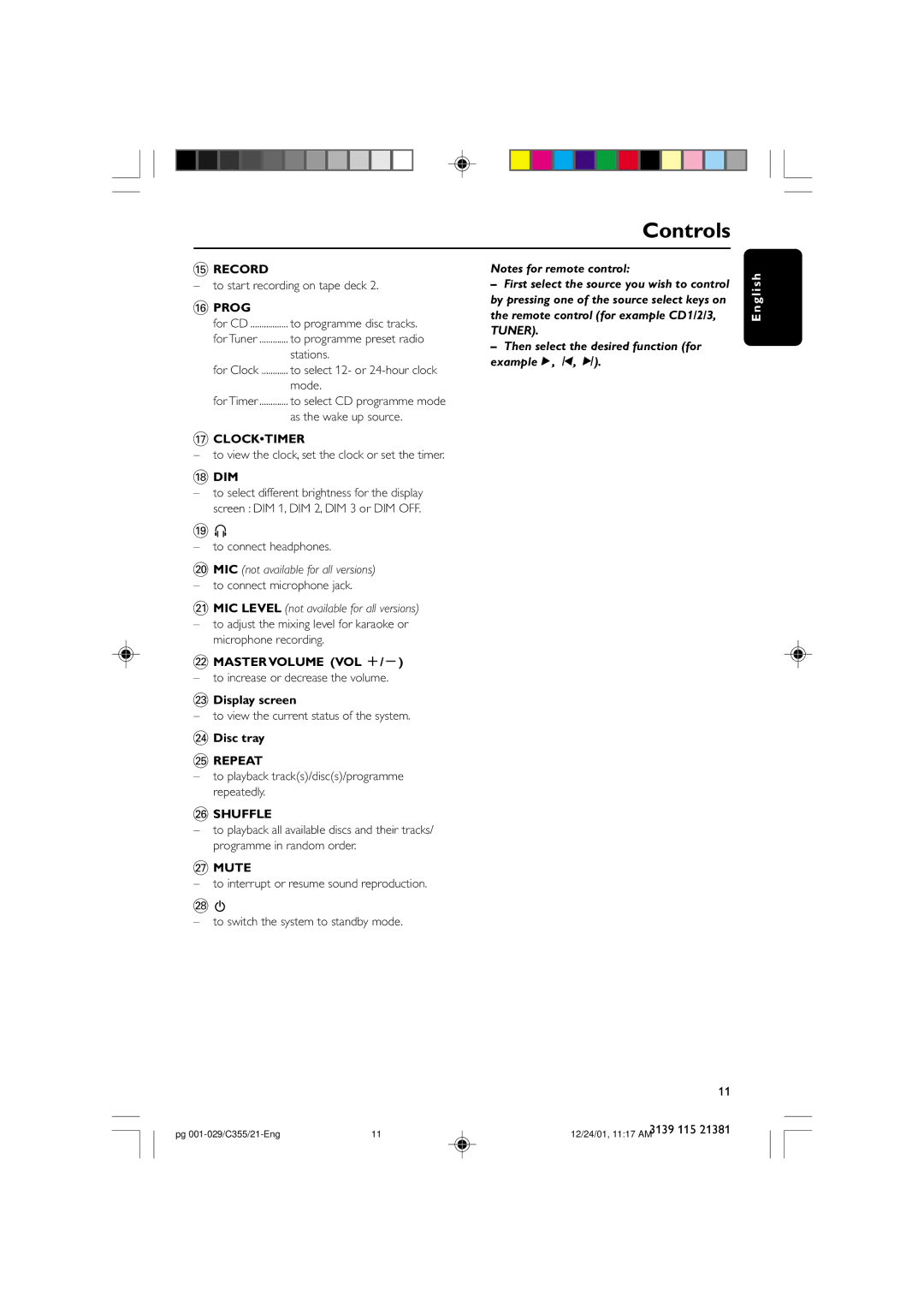 Philips FW-C355 manual Controls 