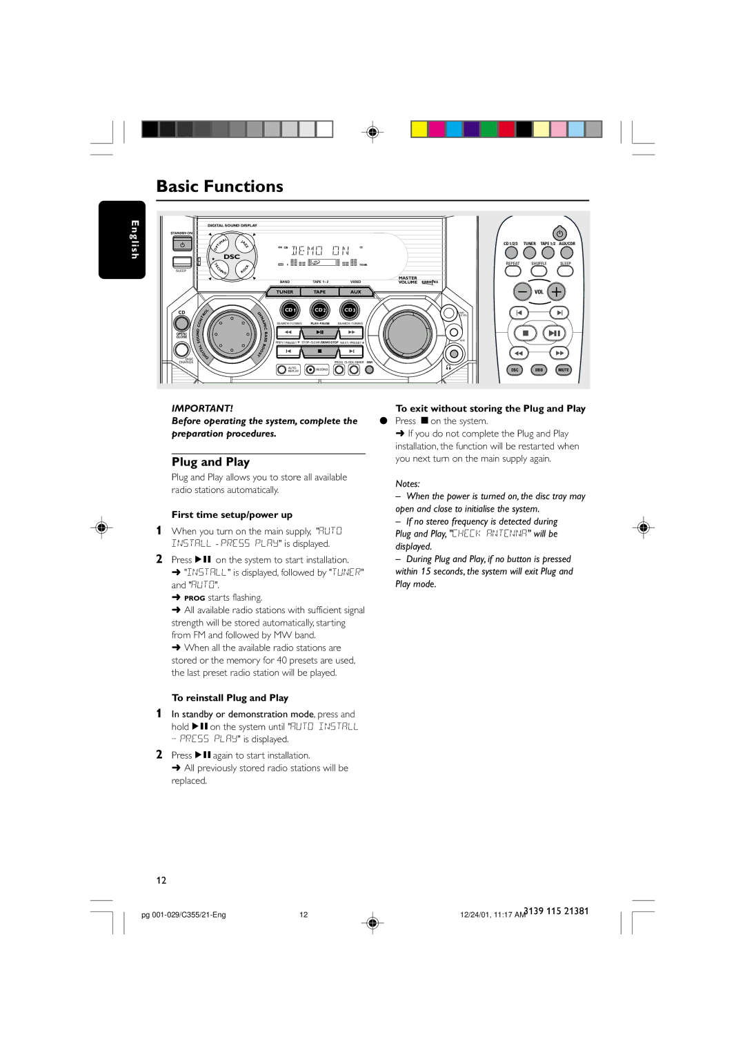 Philips FW-C355 manual Basic Functions, First time setup/power up, To reinstall Plug and Play 