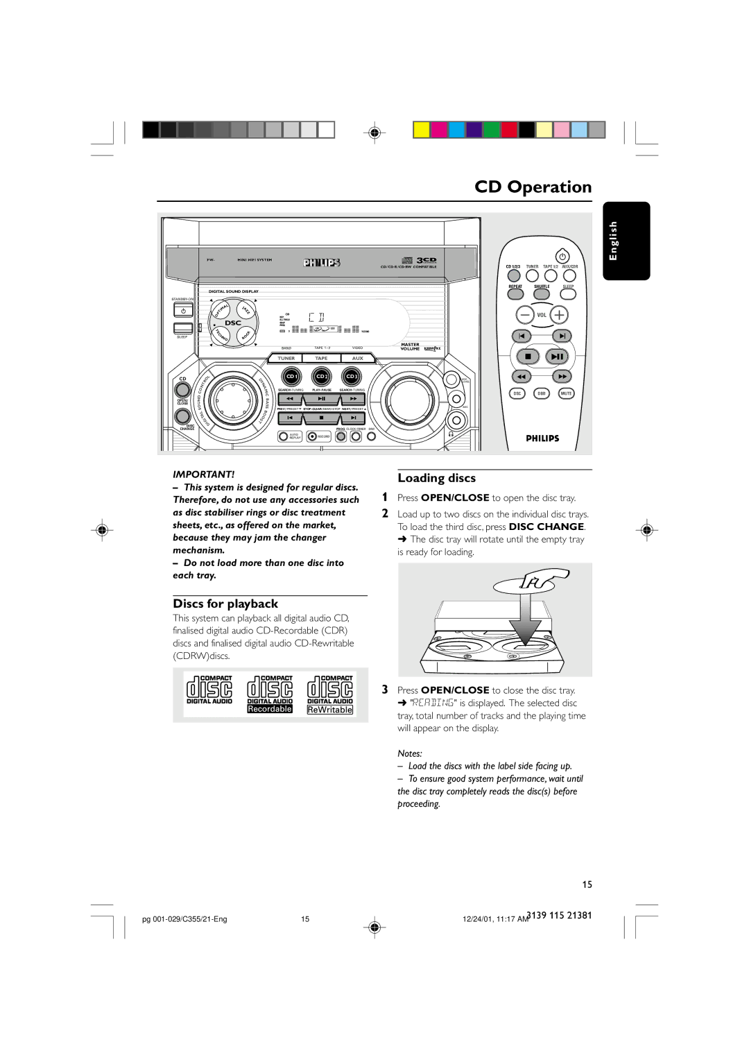 Philips FW-C355 manual CD Operation, Loading discs, Discs for playback, Proceeding 