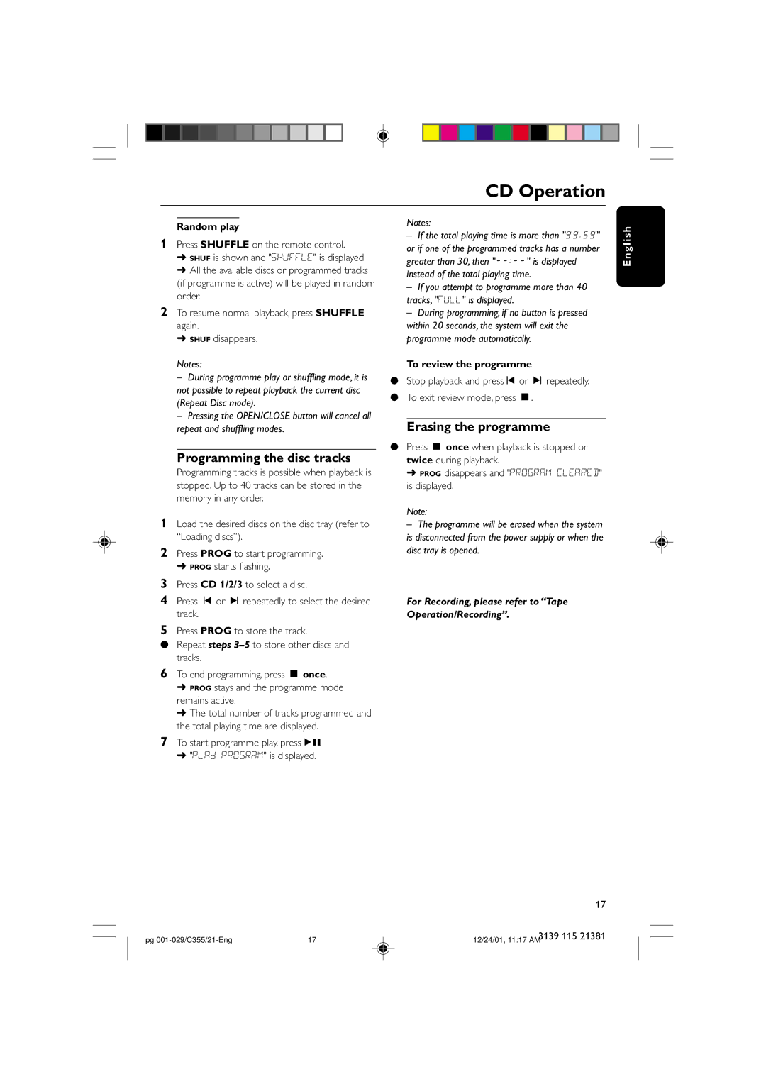 Philips FW-C355 manual Programming the disc tracks, Erasing the programme, Random play, To review the programme 