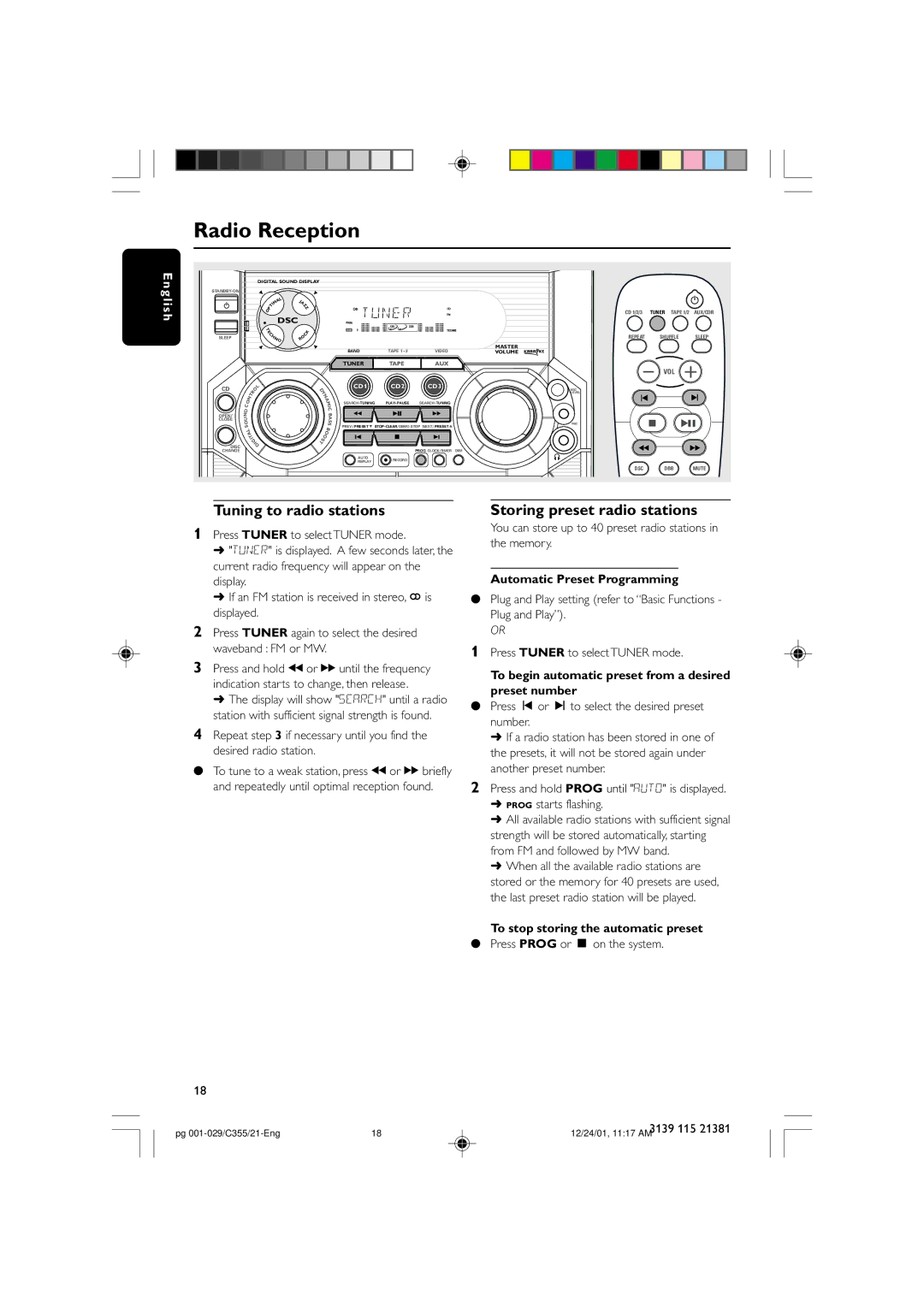 Philips FW-C355 Radio Reception, Tuning to radio stations Storing preset radio stations, Automatic Preset Programming 