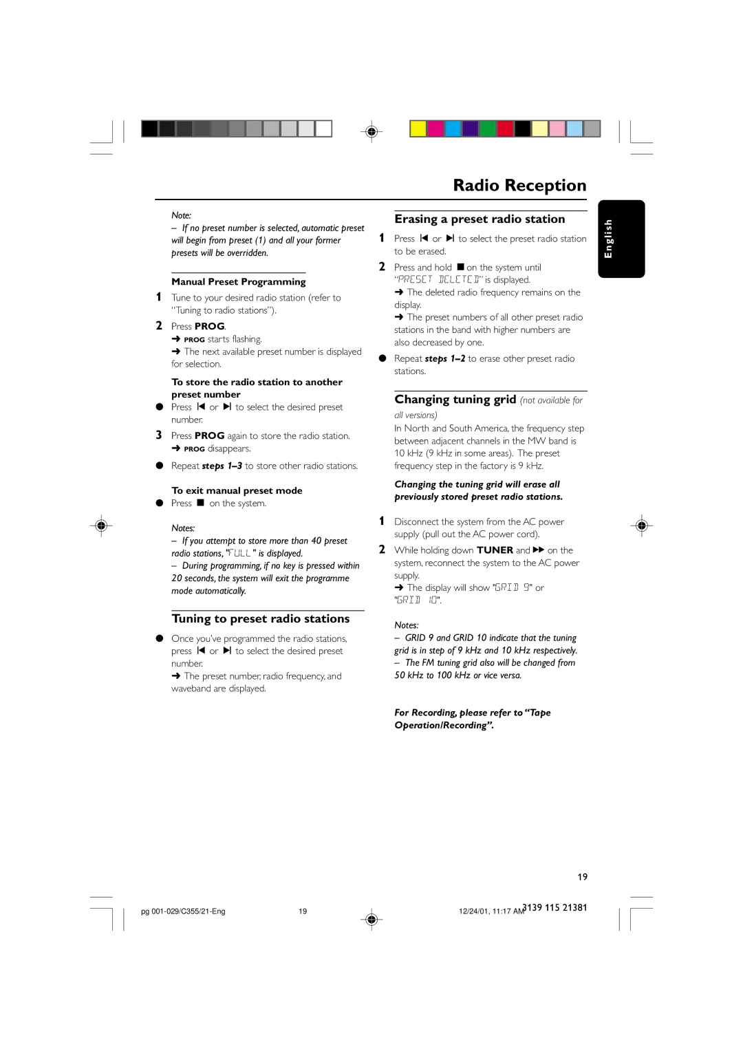 Philips FW-C355 Tuning to preset radio stations, Erasing a preset radio station, Changing tuning grid not available for 